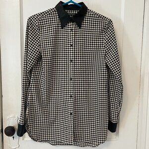 Houndstooth Blouse w/ vegan leather trim